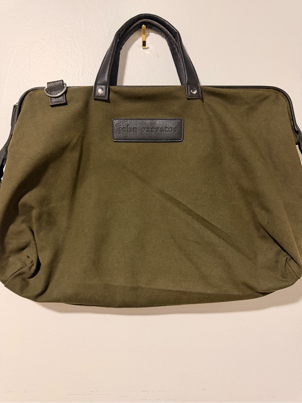 John Varvatos Olive Green Canvas Carryall Weekender Cargo Bag Detachable Strap
